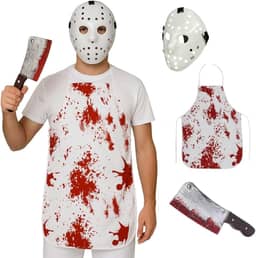 Fantasia Cosplay Jason Halloween Máscara Avental Sangue Faca