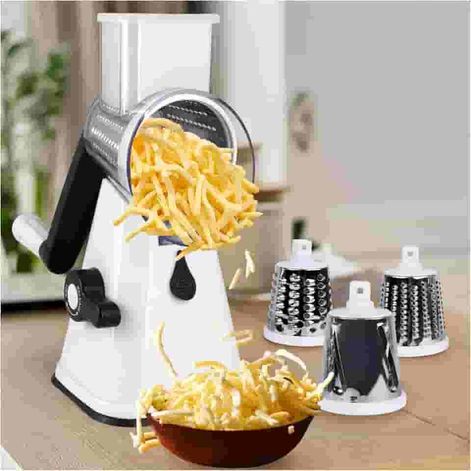 Ralador de Queijo Rotativo com Manivela, Cortador de Legumes Multiuso com 3 Lâminas de Aço Inoxidável e Base Antiderrapante para Queijo, Vegetais, Nozes e Chocolate