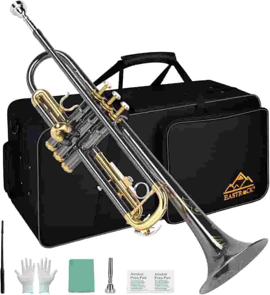 EASTROCK Conjunto de trompete padrão Bb Trumpet com estojo de transporte, luvas, bocal 7C, kit de limpeza, haste de afinação, níquel preto, artesanato esculpido à mão