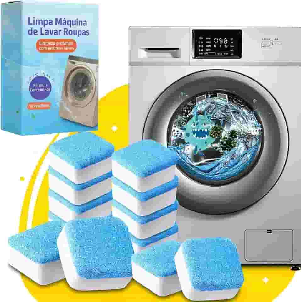 Kit 10 Pastilhas Limpa Máquinas de Lavar Roupas Efervescentes Antibacterianas Limpeza e Higienização para Todas as Maquinas de Lavar Roupas com Tampa Frontal ou Superior (Conjunto com 10)