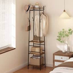 Mancebo Cabideiro em Metal de Piso Chão Roupas, Cabideiro de Chão Arara, Cabideiro Vertical para Quarto, 4 Camadas de Madeira Resistente e Vários Ganchos