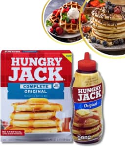 Combo Hungry Jack Original Importado Massa Panquecas Waffle Mix 453g Xarope Maple Syrup Calda Bordo Bisnaga 429ml