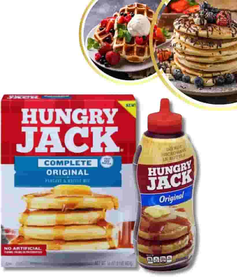 Combo Hungry Jack Original Importado Massa Panquecas Waffle Mix 453g Xarope Maple Syrup Calda Bordo Bisnaga 429ml