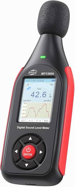 Medidor de decibéis, monitor de leitor de nível de decibéis de som e ruído, medidor SPL de 30 dB a 130 dB(A) com gravação, alarme visual, peso A/C, recarregável para casa, sala de aula