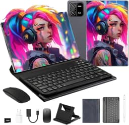 3 em 1 Tablet, com Capa/Teclado/Mouse, 10.1 Polegada, 1920×1200 Tela, 1920x1200 Tela Processador Octa-Core, 12GB RAM+512GB ROM, Câmera de 16MP + 32MP, Android 15, 8000mAh, Versão WiFi (Cinza)