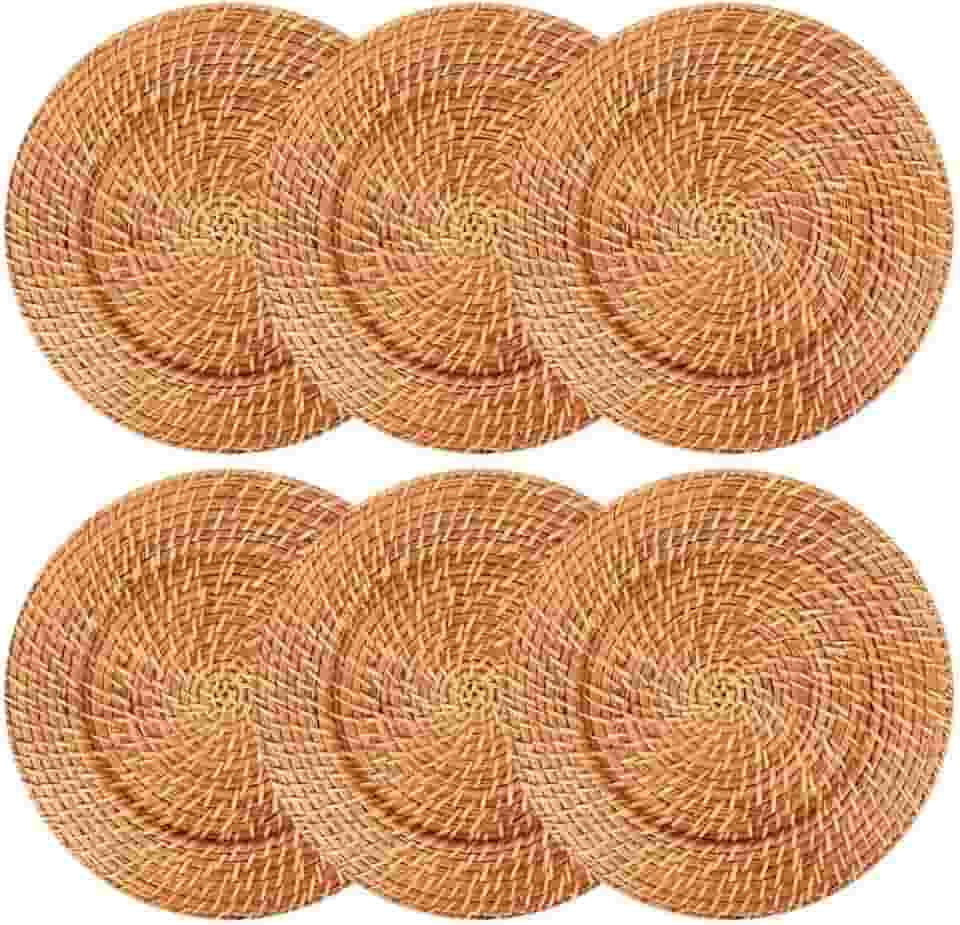Kit 06 Sousplat Redondos em Rattan e Bambu 32cm Vietnã Artesanal Rústico Mesa Posta