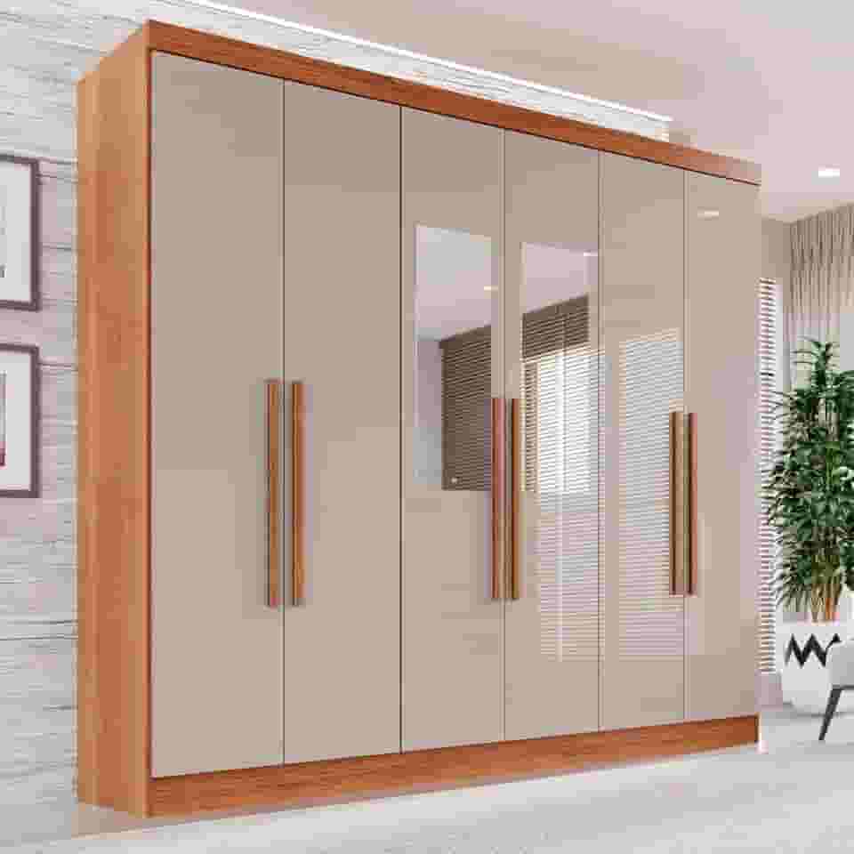 Guarda-roupa Casal com Espelho 6 Portas 2 Gavetas França Cinamomo/Off-White