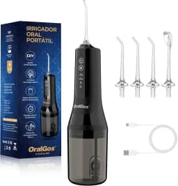 Irrigador Dental Portatil 300ML, 4 Modos de Jato, 4 Bicos, Limpeza Profunda dos Dentes e Gengivas, Elétrico, Recarregável, À Prova d’Água IPX7 (Preto)