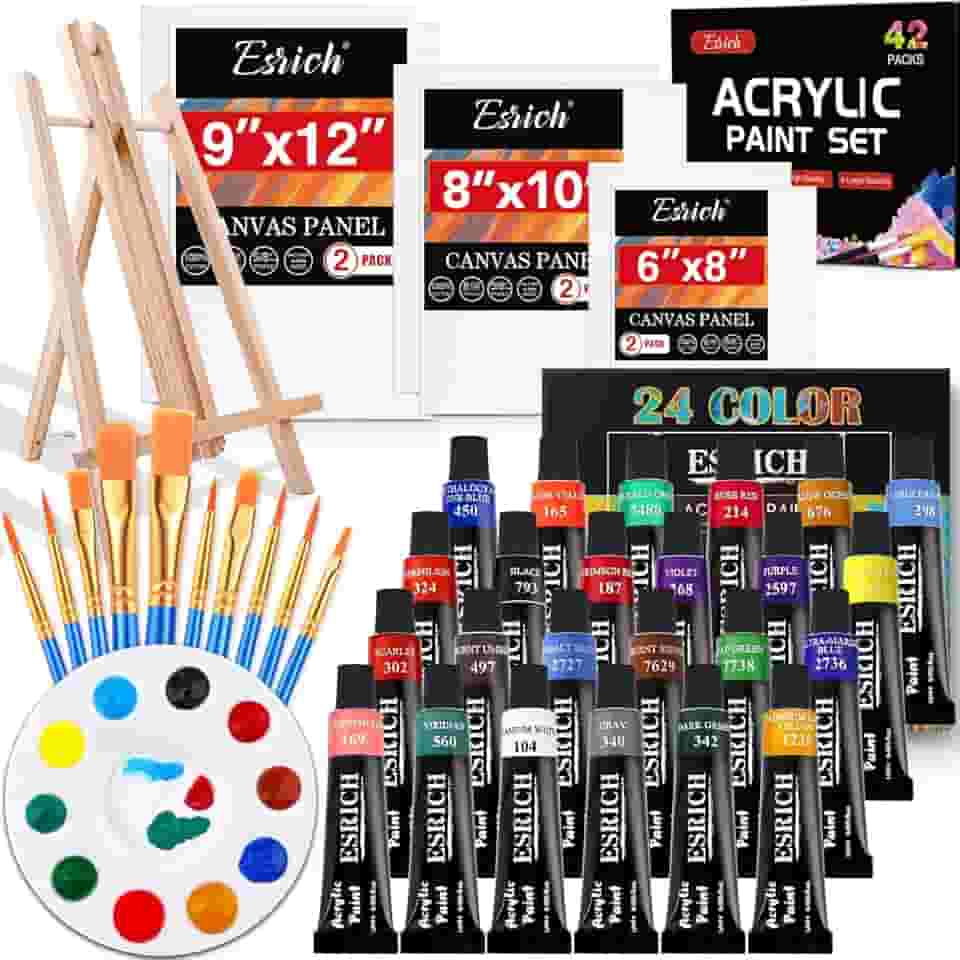 ESRICH Conjunto de Tela de Tinta Acrílica, Kit de Pintura Profissional Premium de 42 Peças com 1 Cavalete de Madeira, 24 Cores, 10 Pincéis, 6 Telas, Kit de Materiais de Pintura para Crianças, Estudant