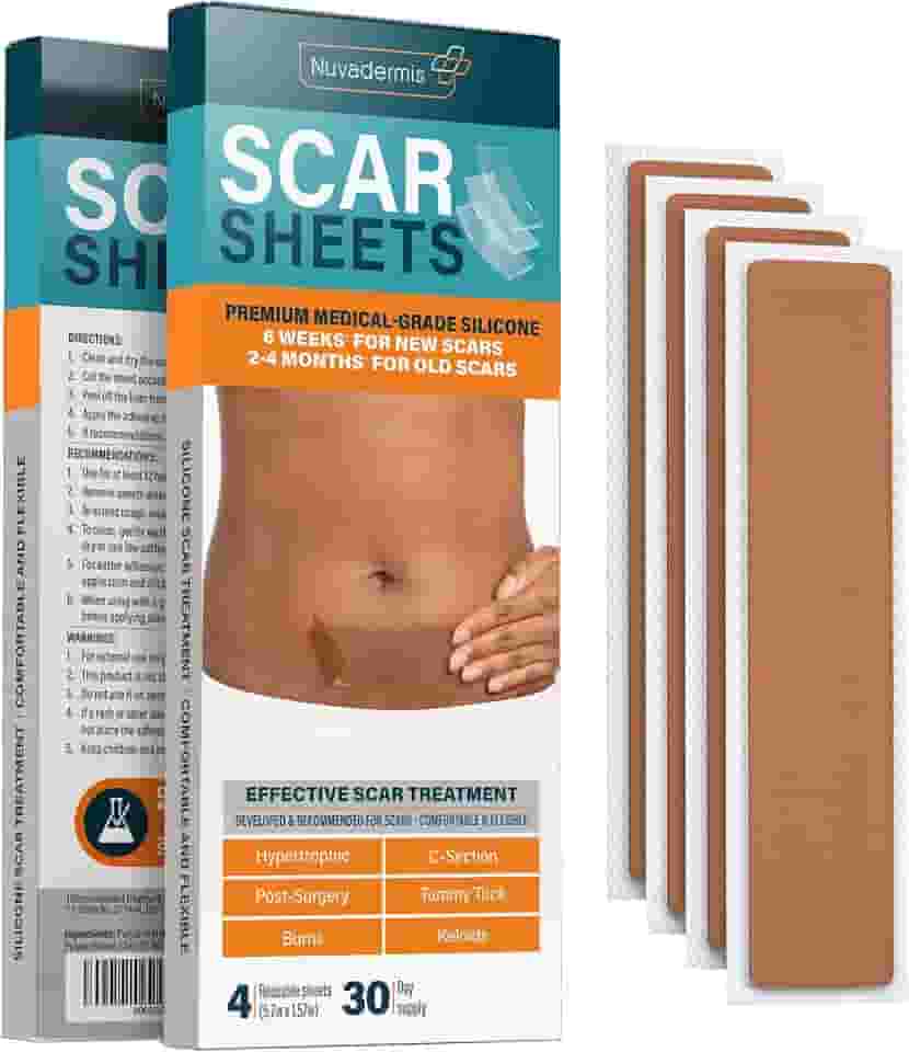 NUVADERMIS Folhas de cicatriz de silicone - Folhas de cicatriz extralongas para cesariana, abdominoplastia, queloide e cicatrizes cirúrgicas - Folhas de cicatriz de silicone reutilizáveis de grau