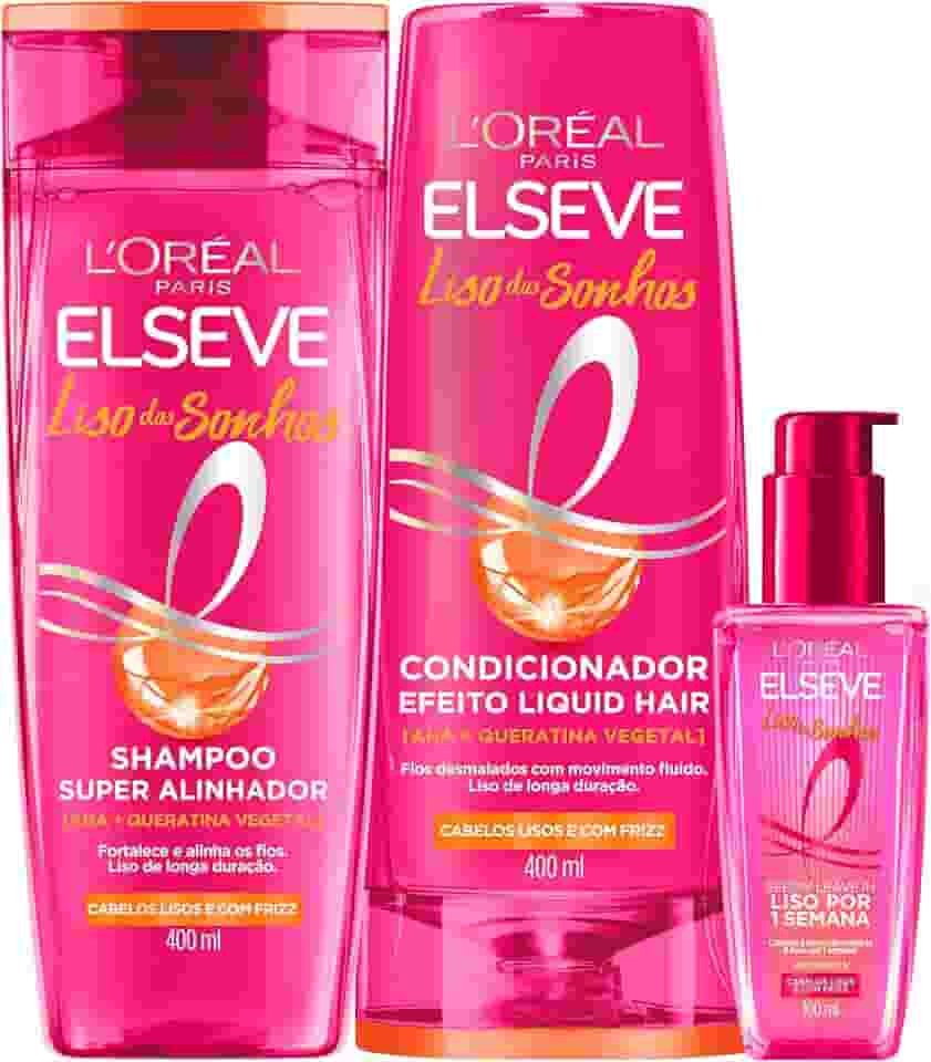 L'Oréal Paris Elseve Liso dos Sonhos Kit Shampoo, Condicionador e Sérum, com Tecnologia Ativada por Calor para um Liso por 1 Semana, Efeito Antifrizz e Barreira Protetora Contra Umidade