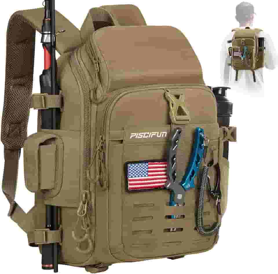 Piscifun Mochila de pesca com suporte para vara e equipamento, bolsa de armazenamento leve com capa protetora de chuva