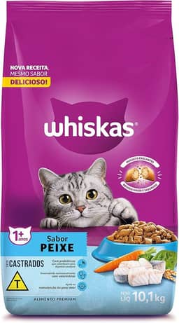 Ração Whiskas para gatos adultos castrados, Peixe, 10,1 kg