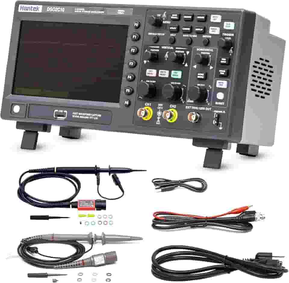 Hantek Osciloscópio de armazenamento digital dso2c10, largura de banda de 100mhz, 2 canais, canal duplo, 1gsa/s, profundidade de memória de 8m com sonda de alta tensão