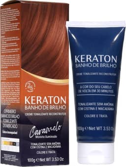 Keraton, Banho de brilho, Creme tonalizante reconstrutor, Sem amônia, Com cistína e macadâmia, Trata e colore, 100g, Caramelo, Moreno iluminado