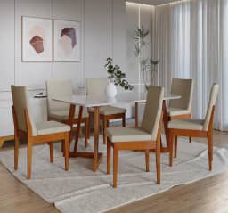 Conjunto Sala de Jantar 6 Lugares Madeira Mesa California e Cadeira Dakota Tecido A40 Móveis Meneghetti Caramelo