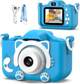 Câmera Digital Infantil Premium com Tela - LCD, Filma em HD, Portátil e Recarregável, Possui Jogos Divertidos Para as Crianças, Capa de Silicone Gatinho (Azul)