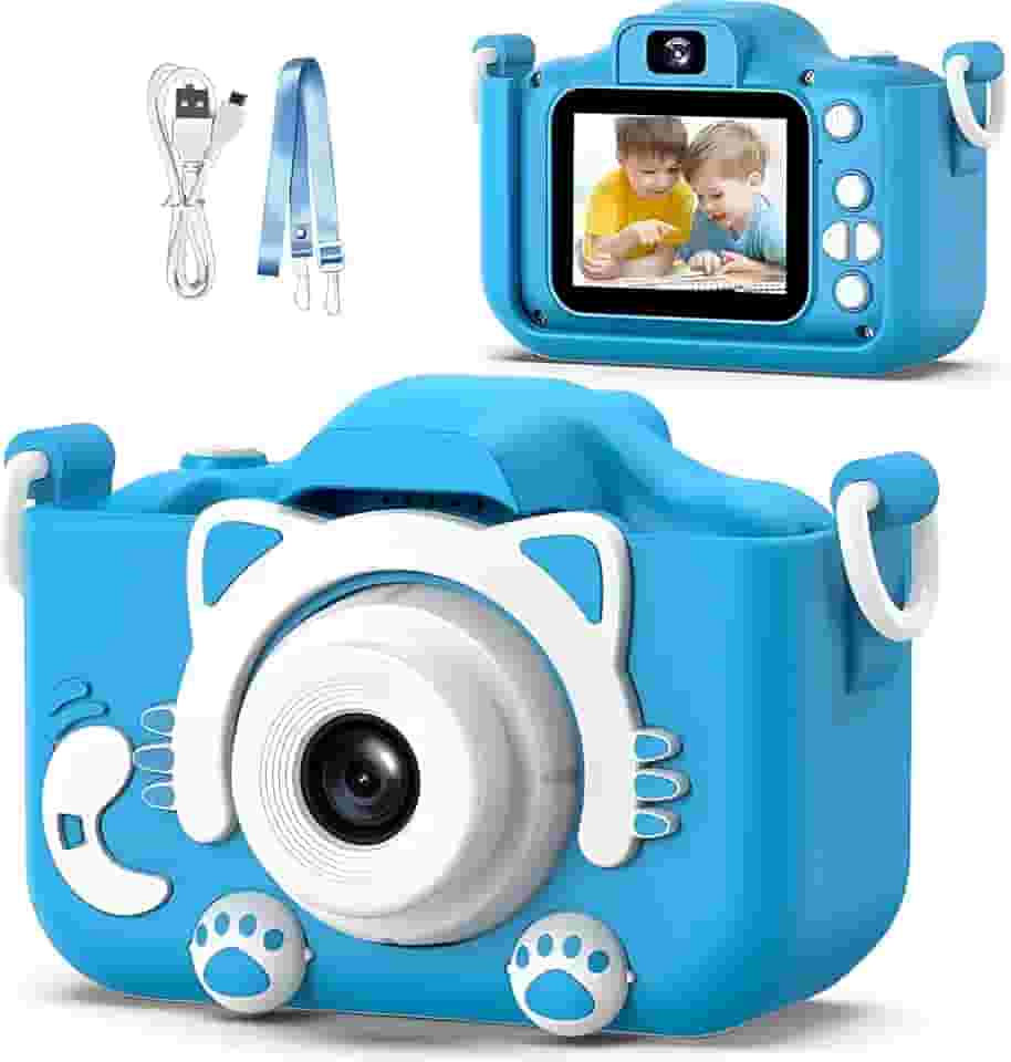 Câmera Digital Infantil Premium com Tela - LCD, Filma em HD, Portátil e Recarregável, Possui Jogos Divertidos Para as Crianças, Capa de Silicone Gatinho (Azul)