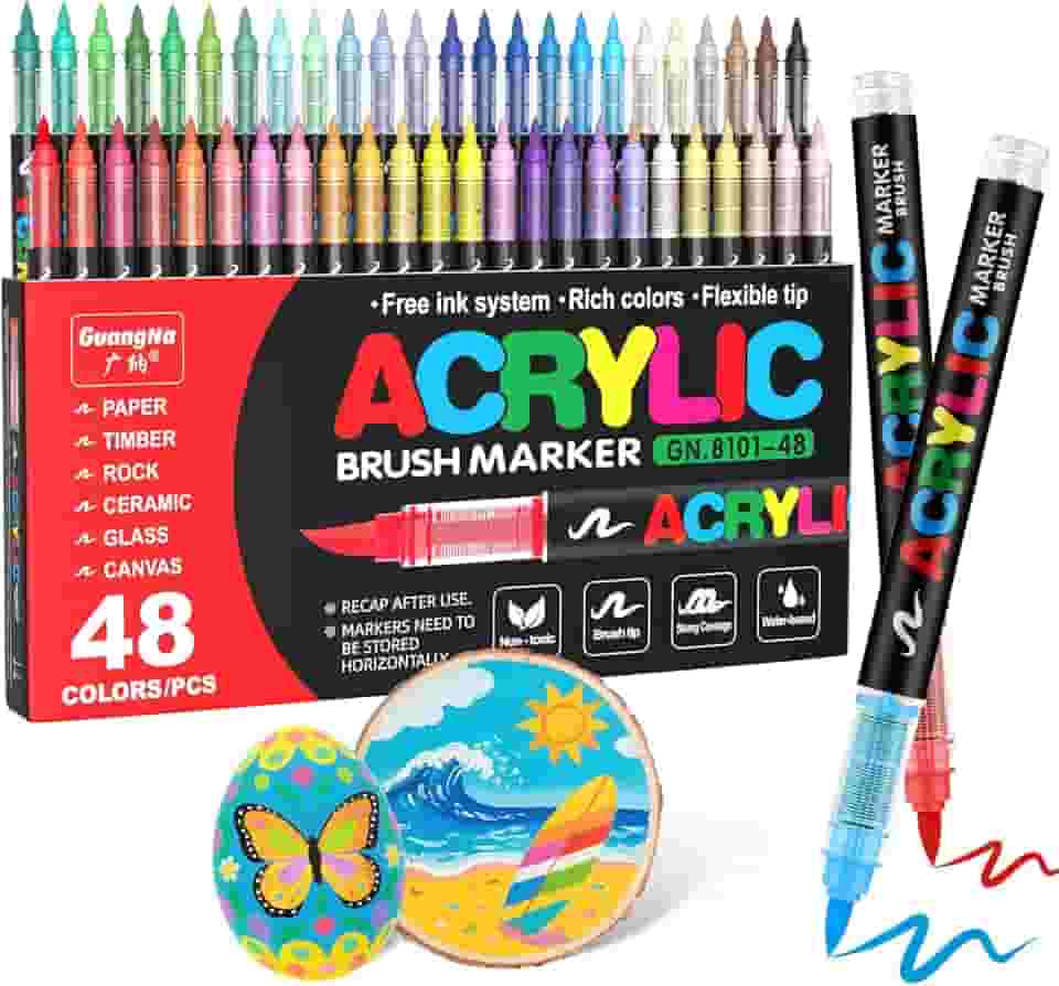 Guangna Marcadores de tinta acrílica, ponta de pincel, 48 cores vivas com sistema de tinta líquida direta, caneta de tinta profissional para pintura rupestre, tela, vidro, plástico, tecido e