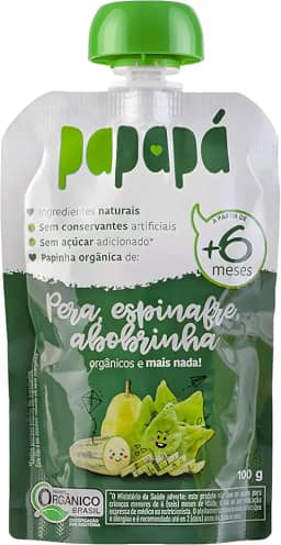 Papapá, Papinha infantil, Orgânico, Sabor Pêra, Espinafre & Abobrinha, 100g, Verde