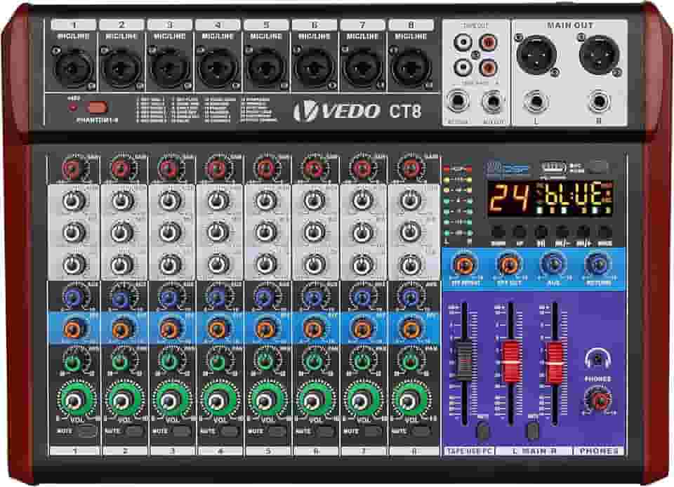 VEDO Mesa de Mistura CT8 Profissional de 8 Canais com Equalizador de 3 Bandas, 24 Efeitos DSP, Bluetooth 5.0, Reprodução/Gravação USB, Alimentação Phantom 48V para Som ao Vivo, Estúdio, Karaokê