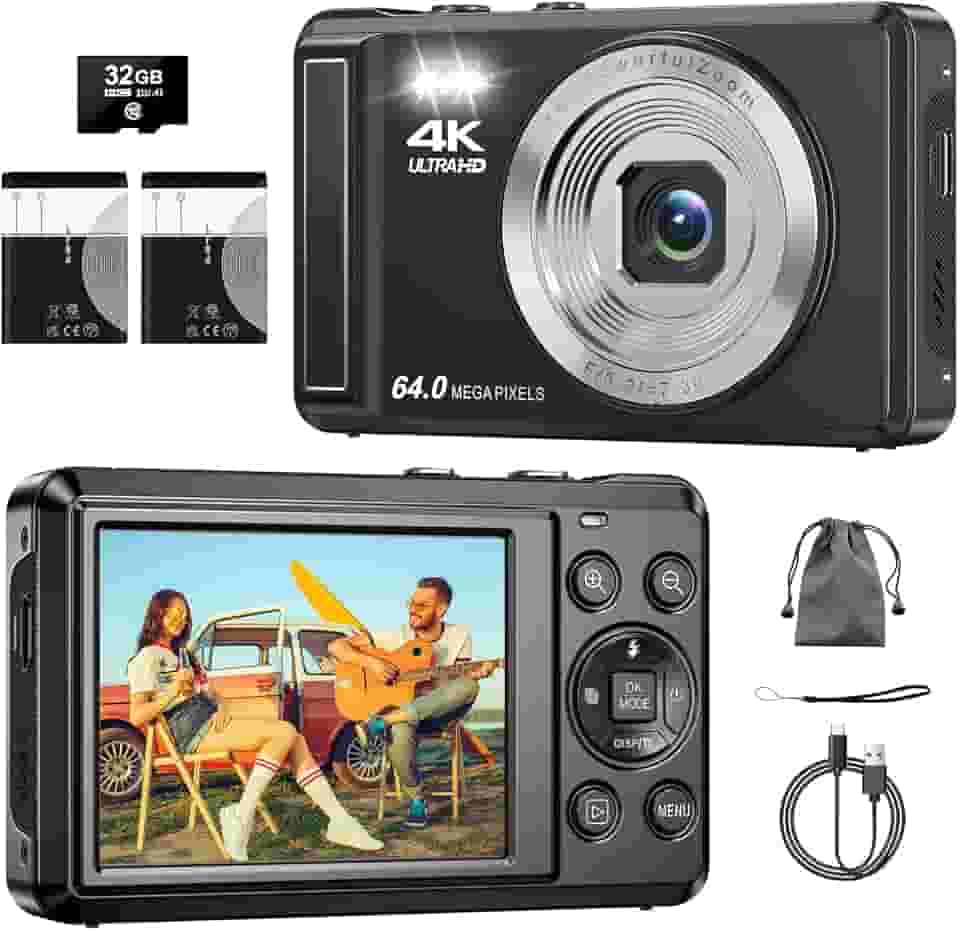 Câmera Digital 4K 64MP, Zoom 16X, Foco Automático,Tela IPS de 2.8 Polegadas para fotografia, Flash, Cartão SD de 32GB, Câmera Compacta,para Crianças e Adolescentes, Câmera Fotográfica para Vlog