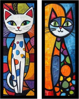 Kit 2 quadros 18x45 cm, gatos, pop art, pintura, com vidro (Preto)