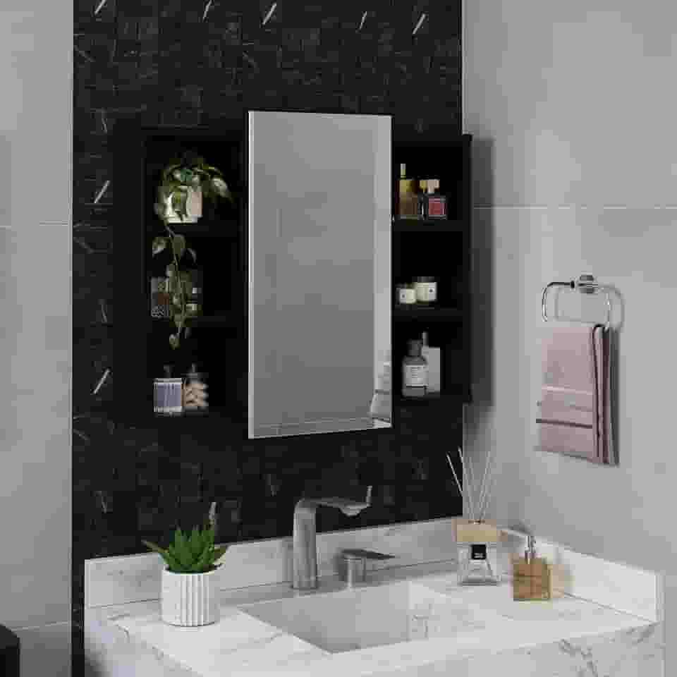 Espelheira Para Banheiro Com Nichos Armário Aéreo Com Espelho Organizador (Preto)