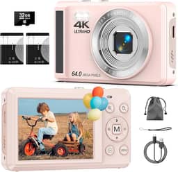 Câmera Digital 4K 64MP com Foco Automático,Fotográfica para Vlog, Zoom, Tela 2.8 Polegadas,fotografia, Cartão SD de 32GB, 2 Baterias, Câmera Compacta,para Adolescentes e Iniciantes, Flash(rosa)