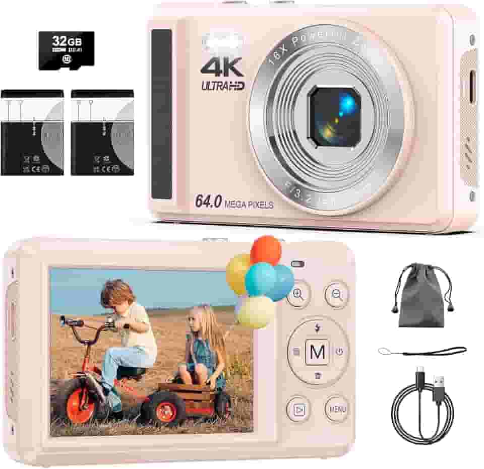 Câmera Digital 4K 64MP com Foco Automático,Fotográfica para Vlog, Zoom, Tela 2.8 Polegadas,fotografia, Cartão SD de 32GB, 2 Baterias, Câmera Compacta,para Adolescentes e Iniciantes, Flash(rosa)