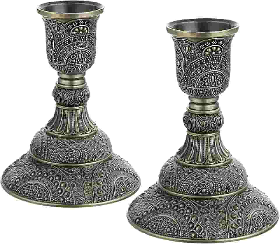 OwnMy Conjunto de 2 castiçais cônicos de metal vintage com 10 cm de altura. Conjunto de candelabro decorativo para mesa de jantar de casamento, bronze antigo