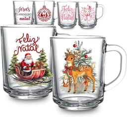 Kit 2 Canecas Especial Natal 225ml Vidro Decorativa Jesus Rosa Vintage Fim De Ano Papai Noel Presente (Vintage)