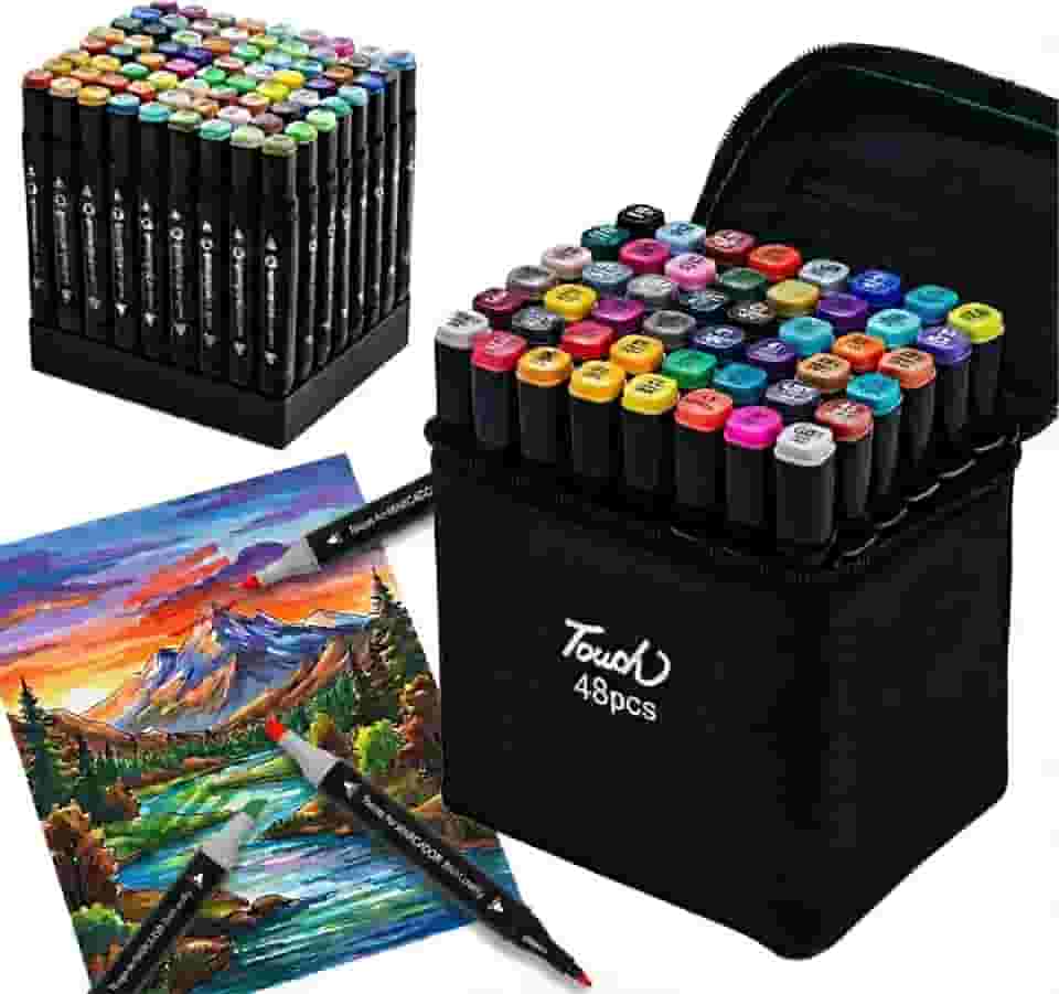 Kit Canetinhas para Colorir 48 Cores Inclui Base Organizadora– Canetas Dupla Ponta Profissionais | Canetinha Marcador Lápis de Cor para Pintura, Desenho, Escola e Artesanato