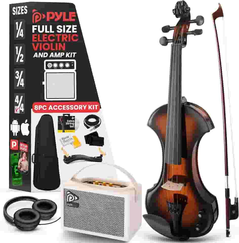 Pyle Violino elétrico silencioso 4/4 com kit de amplificador - violino de madeira maciça com amplificador de 10 W e acessórios completos, instrumento de corda orquestral de tamanho completo para uso