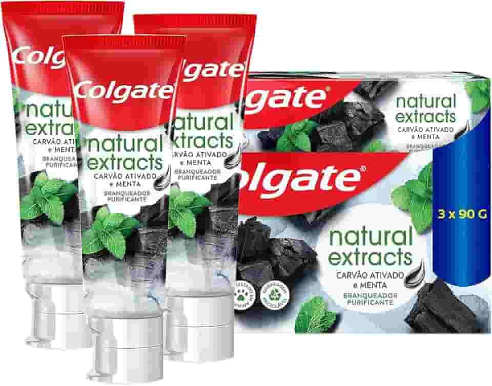 Colgate Creme Dental Vegano Natural Extracts Carvão e Menta, Dentes Mais Brancos, Sem Gluten, Com Flúor, 90g - 3 unidades