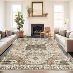 Tapete 5x7, resistente a manchas, lavável à máquina, tapetes com suporte antiderrapante, tapetes boho persas vintage para quarto, sala de estar, tapete grande macio de pelo baixo (bege/marrom, 1,52 m x 18,7 m)