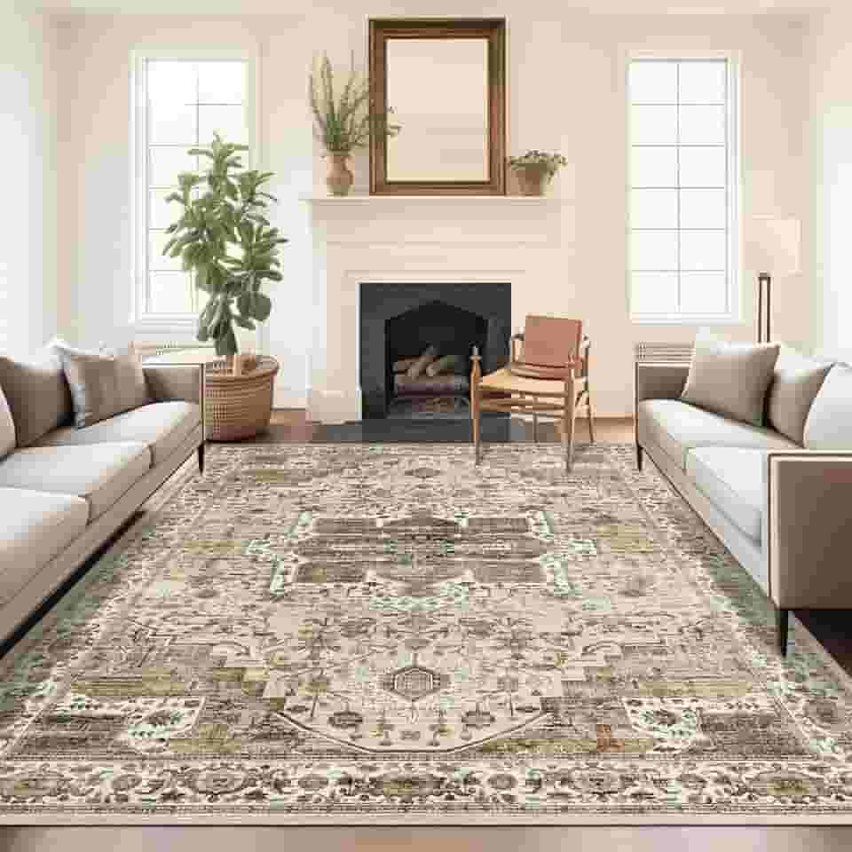 Tapete 5x7, resistente a manchas, lavável à máquina, tapetes com suporte antiderrapante, tapetes boho persas vintage para quarto, sala de estar, tapete grande macio de pelo baixo (bege/marrom, 1,52 m x 18,7 m)