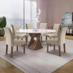 Conjunto Mesa Barcelona 120cmx120cm 6 Cadeiras Espanha Tampo Plus Redondo Vidro Yescasa Chocolate/Off White/Bege
