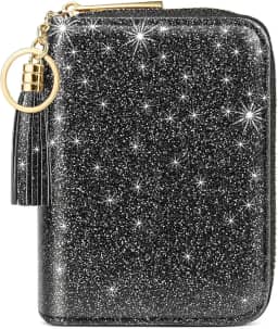 Carteira Feminina Elegante - Preta com Glitter - Porta Cartão, 9 Compartimentos e Zíper Seguro – Minimalista para Viagem e Dia a Dia