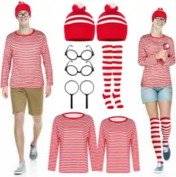 9 peças fantasias de Halloween para casais cosplay camisa listrada vermelha e branca adulto masculino feminino moletom chapéu meia lupa para casal, Halloween, cosplay, festa à fantasia