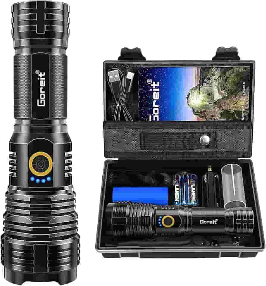 Lanterna Led Recarregavel 10000 Lumens, Goreit Lanterna Tatica Militar Super Potente XHP70.2, Lanterna a Pilha Lanterna De Choque Defesa Pessoal USB Para Acampamento Caminhada Pesca EmergêNcia