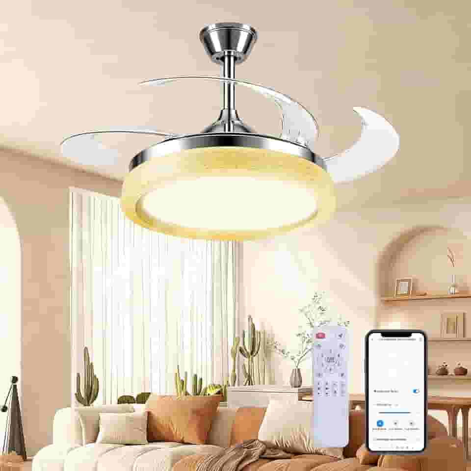 Hivento Ventilador de Teto Retrátil 106 cm com Luz LED, Controle Remoto e App, 6 Velocidades, Regulável, Reversível e com Timer, Design Luxuoso, Ventilador para Sala de Estar e Quarto, 110/220v