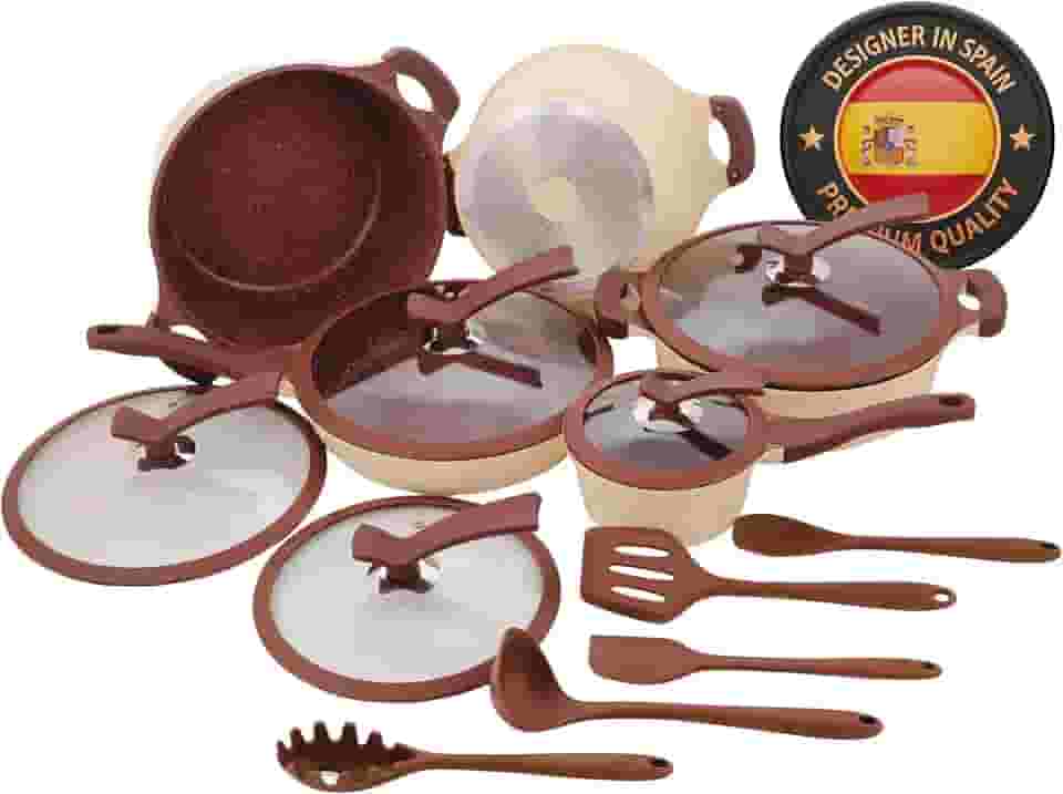 Jogo Panelas 15 Peças antiarerente PREMIUM Com Revestimento de CERÂMICA 7 camadas com espessura de 5mm, Indução, Gás, Vitrocerâmico, Elétrico, designer Compatível com Moncoc Arezzo, Frita sem óleo,