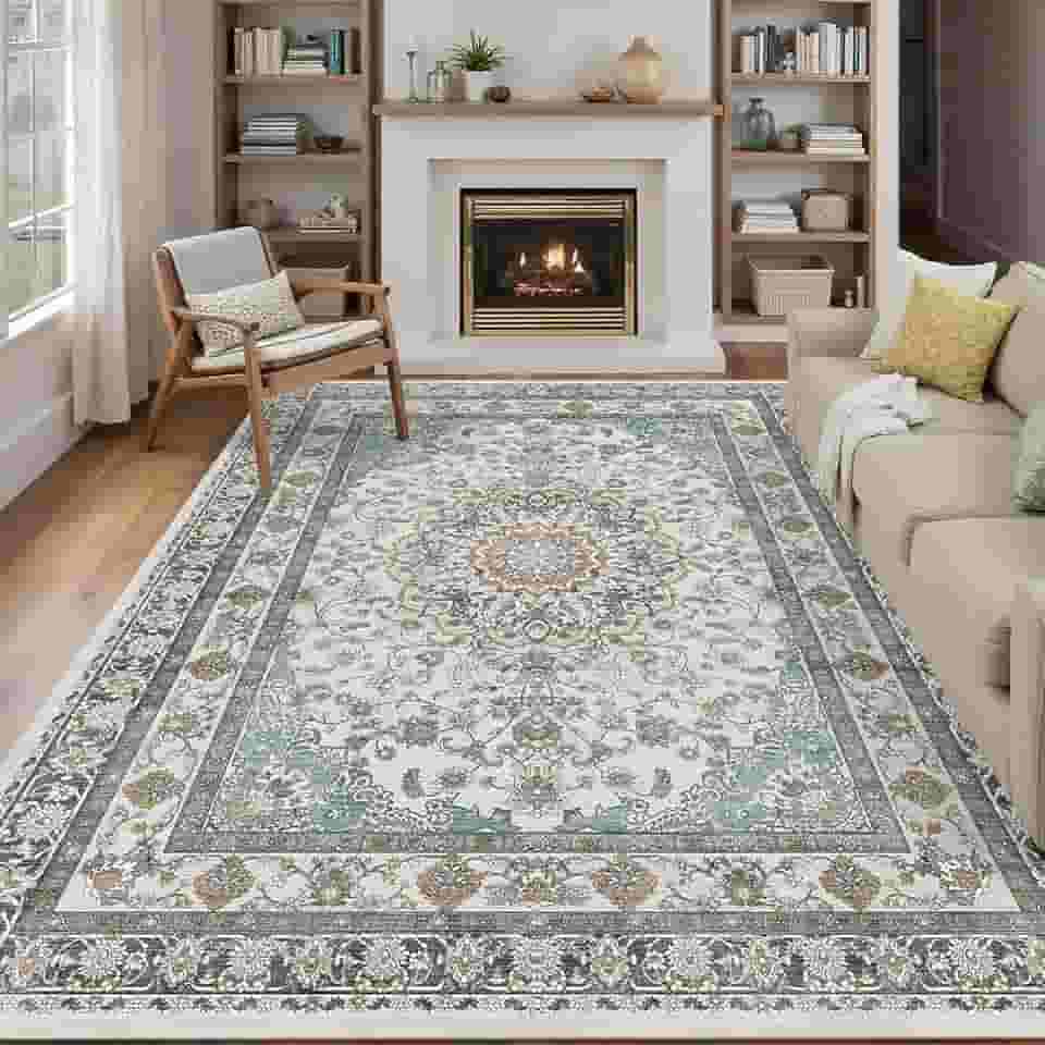 Tapetes de área laváveis cinza persa 20 x 25 para sala de estar, tapete grande vintage para quarto, sala de jantar embaixo da mesa, tapete antiderrapante de pelo baixo, tapete macio (20 x 25 cinza