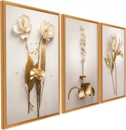 Quadro Decorativo 3 Peças Dourado Floral Branco Ouro Gold Sala Quarto Fácil Fixação com Fita Dupla Face